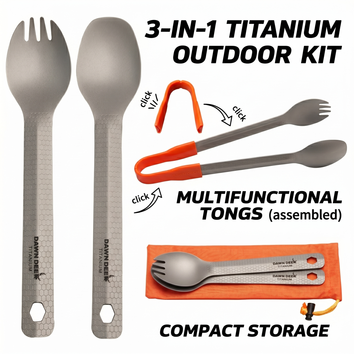 Camping Cooking And Dining Set - DAWN DEER 3-in-1 Titanium Spork Spoon