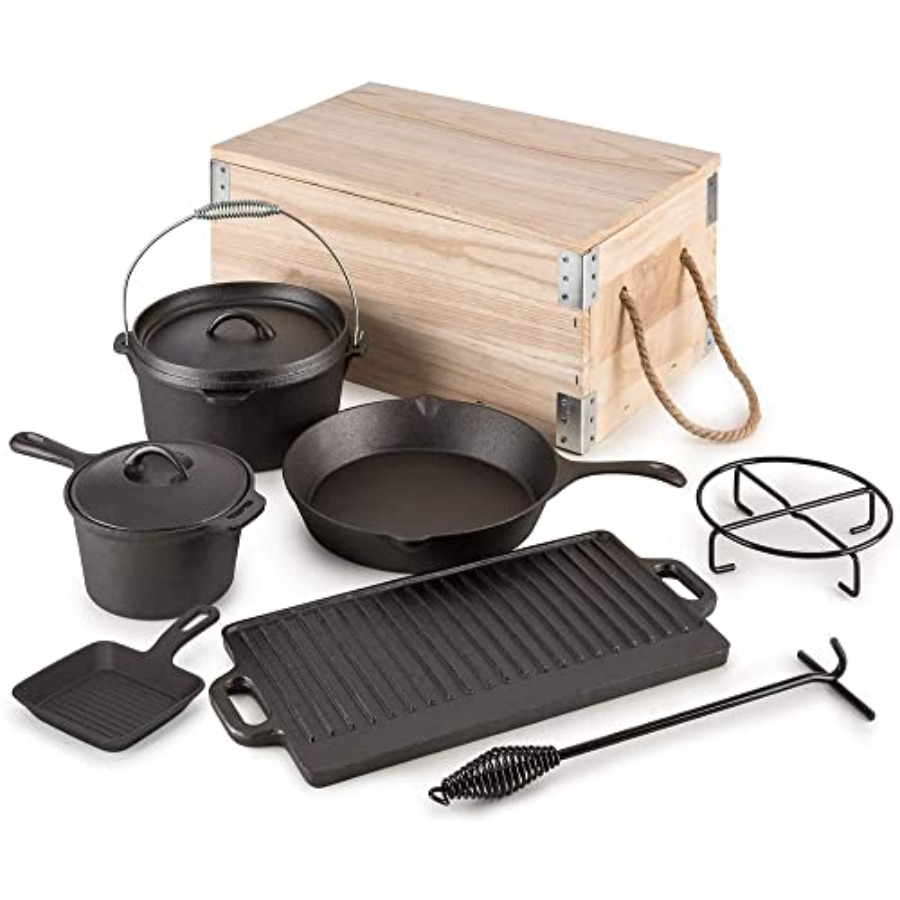 8 Piece Pre-Seasoned Dutch Ove - Vintage Camping Cooking Set avis et prix